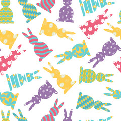 Seamless vector pattern with Easter colored rabbits in children's style.