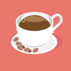 A cup of fragrant coffee on a saucer with coffee beans