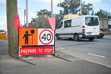 Australia Victoria road sign. Speed limit 40, prepare to stop. Traffic control. 