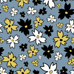 Vector blue yellow white black flowers Russian forest seamless pattern background. Perfect for fabric, wallpaper, scrapbooking, projects.
