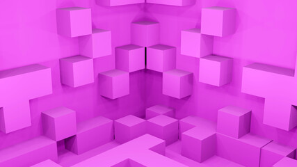 Randomized pink box is extruding from pink wall(3D Rendering)
