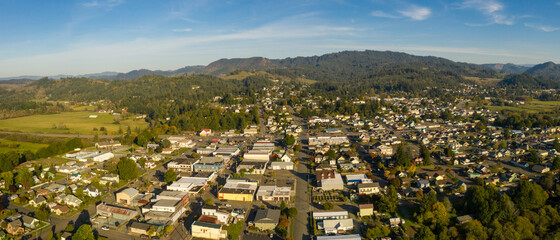 Aerial of small town Myrtle Point in Southern Oregon © mdurson