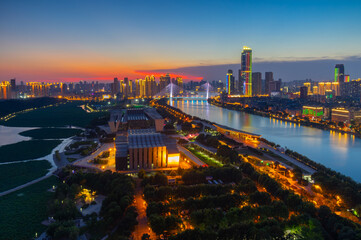 Wuhan city night skyline scenery in summer, Hubei, China