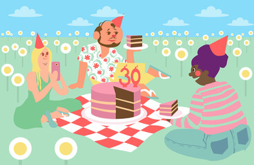 Ilustração de três jovens fazendo um Piquenique de aniversário de 30 anos