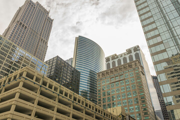 Fototapeta na wymiar Skyline of buildings at Chicago river shore, Chicago, Illinois, United States