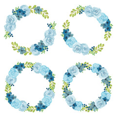 Watercolor blue rose floral wreath set