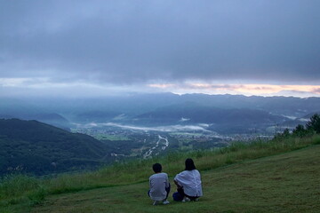 Beautiful landscape with green mountains cloudy sky in the morning. Exploring rural Japan, Hakuba