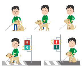 盲導犬と視覚障がい者の男性セットイラスト