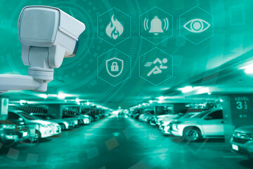 CCTV infrared camera hi -technology signal for counting number of car and security in parking area by digital show quality of CCTV detail in boxes ,Technology intelligence concept.