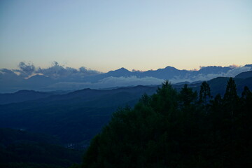 Blue sky above high mountain landscape in daytime, Japanese alps, Hakuba, Japan