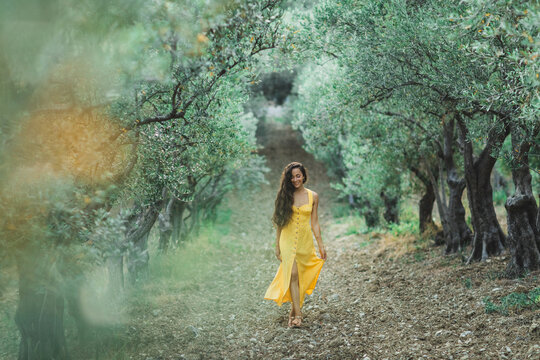 Young Happy Smiling Woman Walking In Olive Tree Garden. Yellow Linen Summer Dress. Trendy Color And Textile Style.