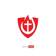 Obraz premium Shield with Cross and Fire Logo Design Vector Template Illustration 