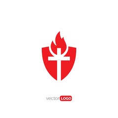 Shield with Cross and Fire  Logo Design Vector Template Illustration
