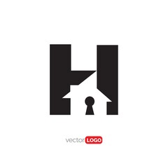 Letter H with House and Keyhole  Logo Design Vector Template Illustration
