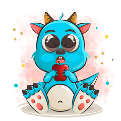 Fototapeta premium cute baby monster cartoon character holding a apple vector illustration
