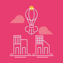 Hot air balloon ride over city horizon line 