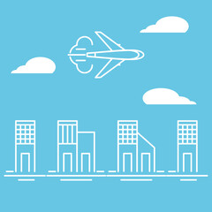 Obraz premium City horizon line with clouds and airplane overflight vector 
