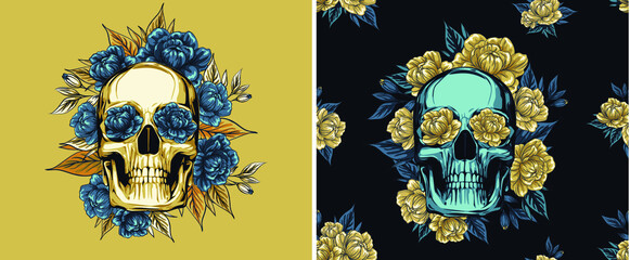 Metal Skull with  floral Golden Roses wreath, Vector illustration of Day of the Dead Dia De Muertos in Spanish Language for celebration concept poster banner design. skull, creative design illustratio