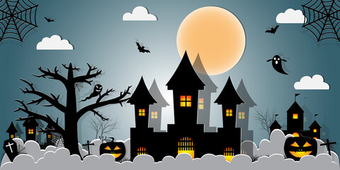 Halloween Night Concept Vector.paper art style. - 376161700