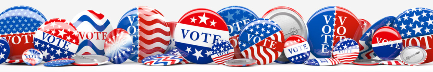 Panorama of various American red, white, and blue Vote pin. Collection of voting buttons for US presidential election or local elections. 3d render.