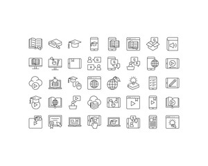 set of online education thin line icons, online study
