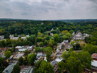 Fototapeta na wymiar Aerial of residential quarters at beautiful town urban landscape the historic city New Hope Pennsylvania