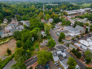 Fototapeta na wymiar Panoramic view of a neighborhood in roofs of houses of residential area of historic city New Hope Pennsylvania US