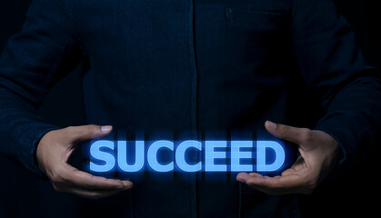 The business man stood there with a glowing message about the business concept  the succeed.