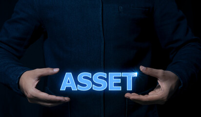 The business man stood there with a glowing message about the business concept  the asset.