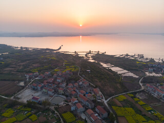 Hubei Daye Baoan Lake National Wetland Park Spring aerial sunset scenery © Hao