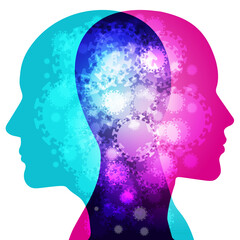 A Male and Female side silhouette profile overlaid with various blending semi-transparent infectious Covid-19 / Virus particles.