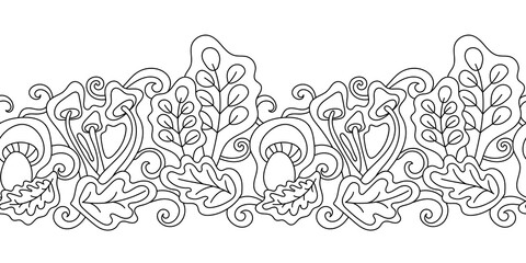 Seamless border, autumn theme. Sketchy vector hand drawn. Cartoon doodle leaves, mushrooms, trees. Black and white