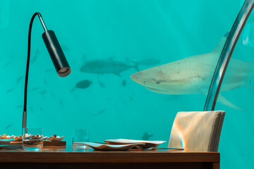 Underwater restaurant in the Maldives. Tropical exotic travel.