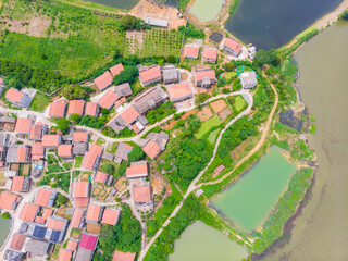 Aerial View above Security Lake National Wetland Park in spring, Huangshi, Hubei, China