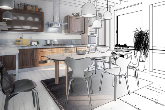 Kitchen Area with Dining Room Integration (planning) - 3d visualization