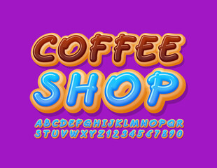 Vector sweet creative sign Coffee Shop. Blue glazed Font. Tasty Donut Alphabet Letters and Numbers set
