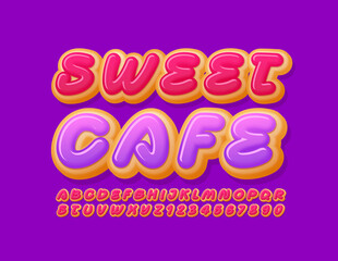 Vector delicious sign Sweet Cafe. Creative tasty Font. Bright Donut Alphabet Letters and Numbers set
