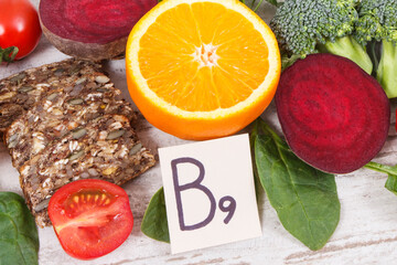 Healthy products as source folic acid, minerals, vitamin B9 and fiber, nutritious eating concept