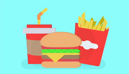Fast food set with hamburger, french fries and soda,Vector illustration