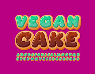 Vector tasty sign Vegan Cake. Green Glazed Font. Delicious Donut Alphabet Letters and Numbers
