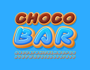 Vector sweet sign Choco Bar. Blue glazed Font. Donut tasty Alphabet Letters and Numbers set
