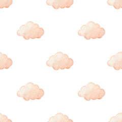 Cute minimalist seamless pattern with pink clouds. Watercolor hand-drawn illustration. Perfect for textile, fabrics, wrapping paper, linens, invitations, cards, prints, nursery decor, covers.