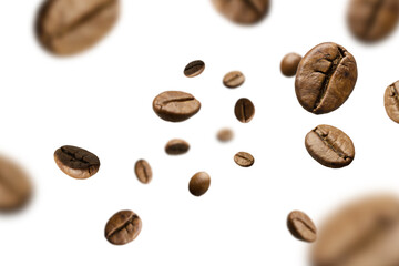 Brown roasted coffee beans falling and flying on black background.Represent breakfast for energy and freshness concept.