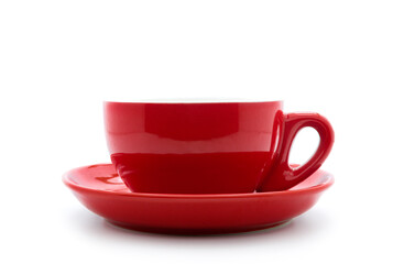 Red coffee cup on white background.
