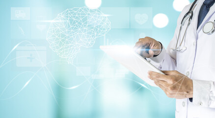 Medicine doctor use tablet or phone with brain.