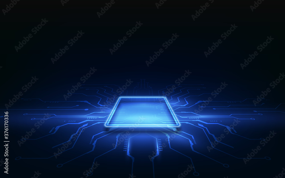 Poster abstract technology chip processor background circuit board and html code,3d illustration blue techn