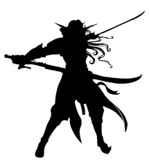 The black silhouette of an elf warrior with two curved blades is standing still, her hair fluttering in the wind, she is wearing graceful armor, she has long ears. 2D illustration.