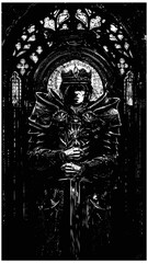 Fototapeta premium The black silhouette of a knight king with a sword, his face is scarred, he is wearing beautiful armor with patterns. 2D illustration.