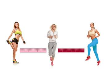 Obraz premium the concept of actions that can be performed together, physical distance during fitness classes. collage