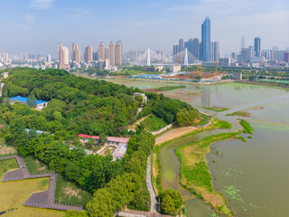 Aerial View above Moon Lake Park in spring, Wuhan, Hubei, China